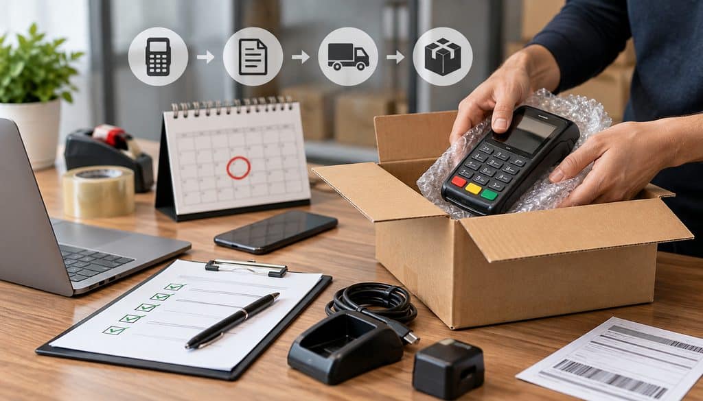 Merchant packing a payment terminal for return shipping after account cancellation