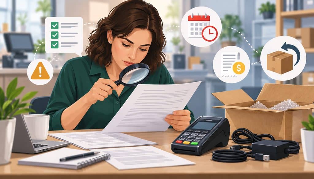 Merchant reviewing equipment addendum before returning payment terminal
