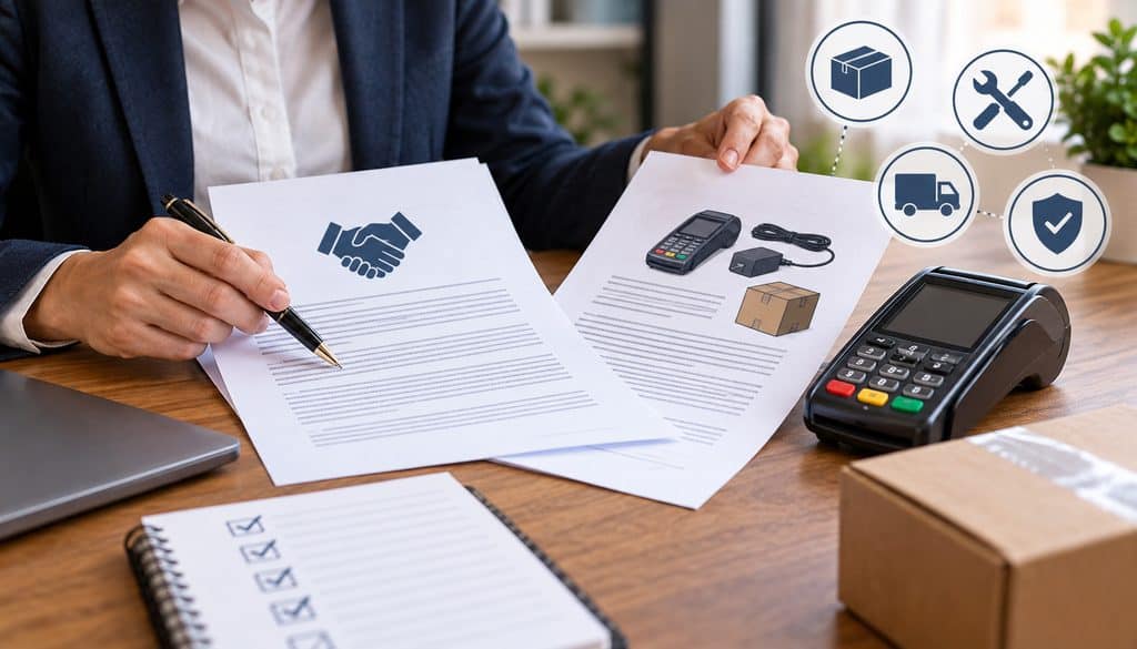 Reviewing an equipment addendum beside a payment terminal