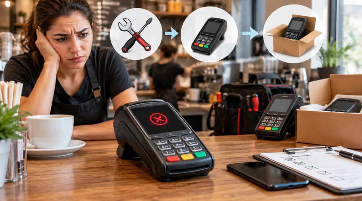 Broken payment terminal with repair, swap, and loaner replacement options